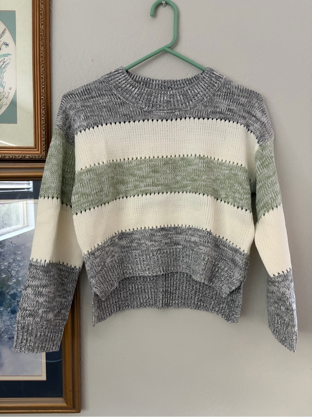 Soho Apparel Striped Crewneck Sweater in Gray, Cream & Sage